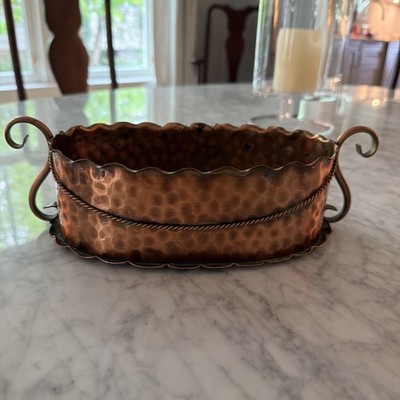 Vintage Gregorian Hand Hammered Copper Oval Planter Arts & Crafts  70 s 9x5x3 In