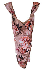 Windsor Satin Floral Off Shoulder Faux Wrap Mini Dress Women's XS Brown Stretch