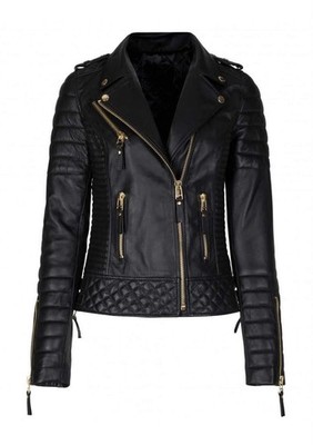 Women's Black Leather Biker Jacket with Quilted Shoulders & Gold Zippers - Moto