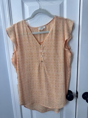 Loft Orange With A White Design Short Flutter Sleeve V-Neck Button Front Size L