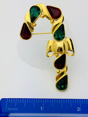 Signed Lia Lianna Vintage 1980s-90s Crystal Candy Cane Christmas Pin New Brooch