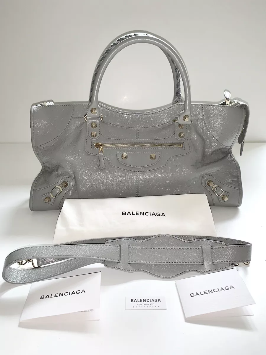 større ild Understrege Authentic BALENCIAGA Grey Lambskin Leather Giant 12 City Bag | eBay