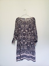 Max Studio Womens S Mini Dress Round Neck 3/4 Sleeve Floral Navy Blue Boho Chic