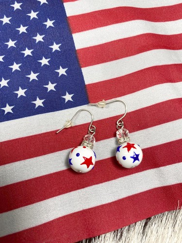 Star Earrings USA Red White Blue Heritage Beaded Women Dangle Earrings - Picture 6 of 6