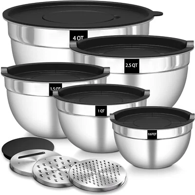 Schüssel Set 5x Edelstahl Rührschüssel Salatschüssel Deckel Reibeaufsatz B912 - Bild 1 von 4