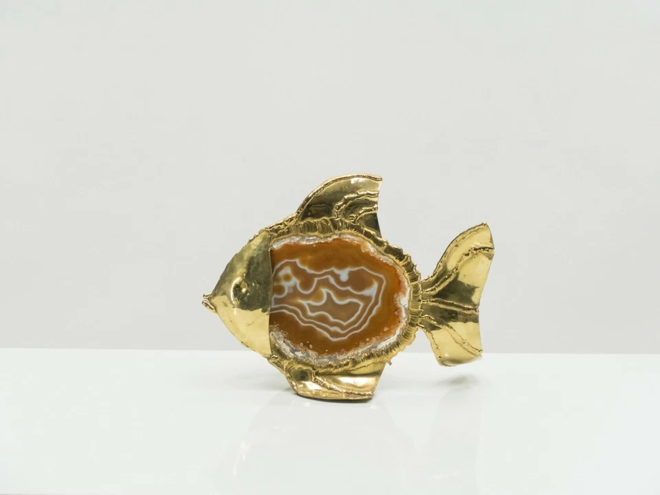 Unique Jacques Duval Brasseur brass agate stone lamp 1970s - Image 4 of 4