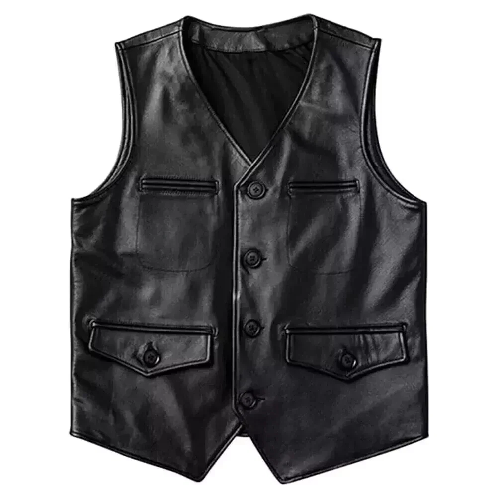 Men's New Bomber Vest Genuine Lambskin Leather Vest Leather Black Button Vest