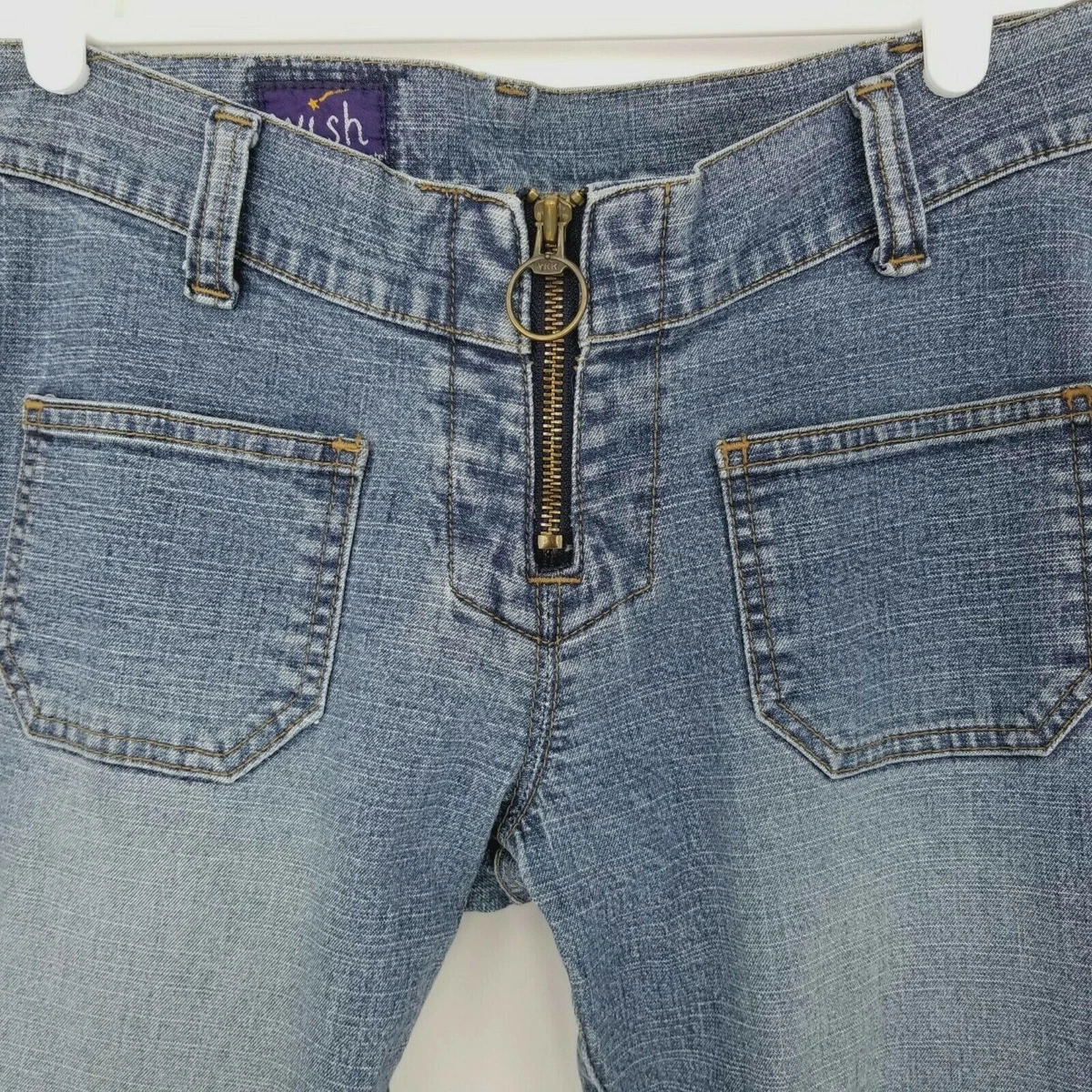 Wish Womens Jeans Blue Flare Style Hippie Zip Front Shooting Star