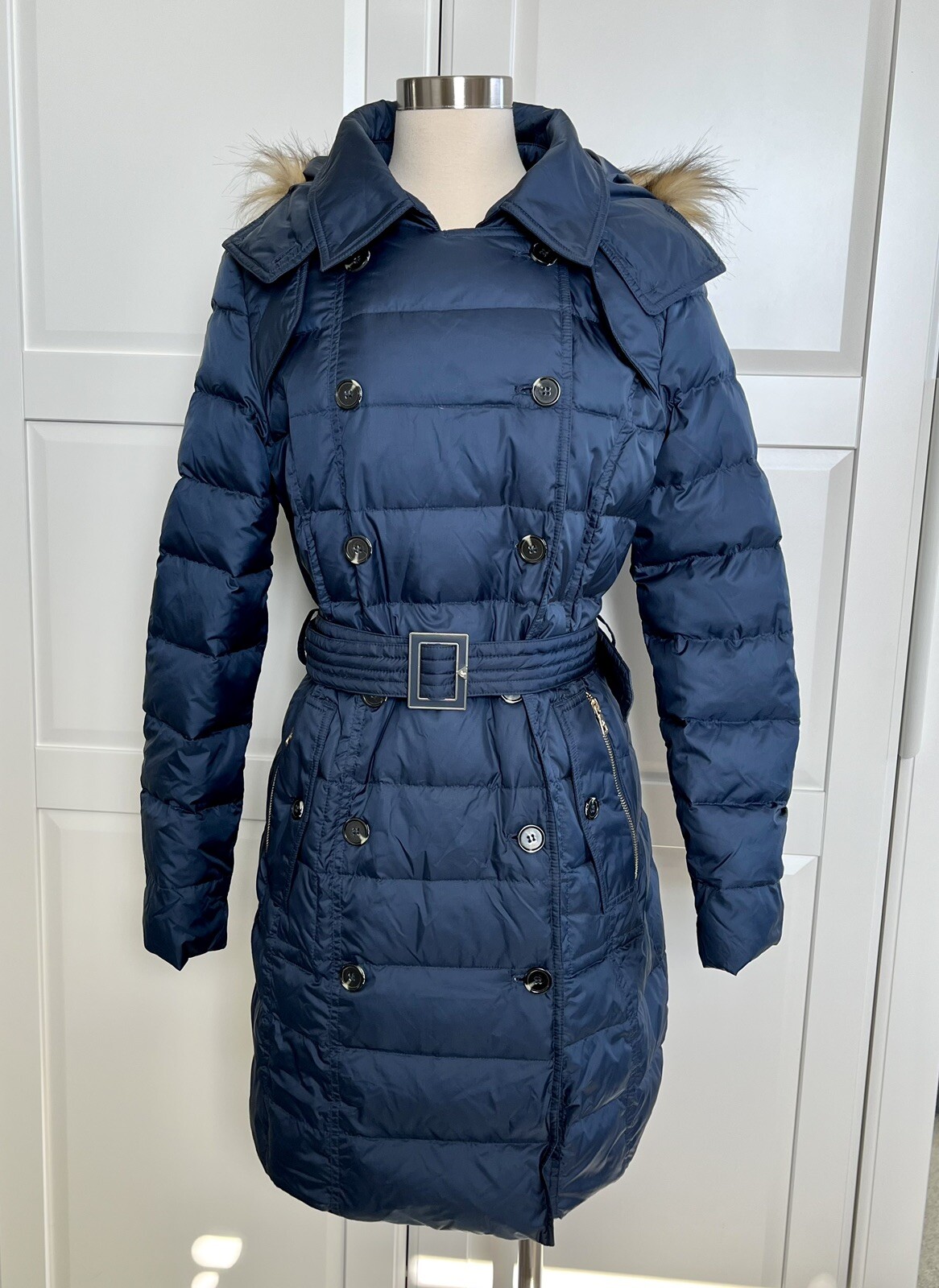 Sam Edelman Navy Blue Faux Fur Hood Double Breasted Puffer Down Parka Jacket image 3