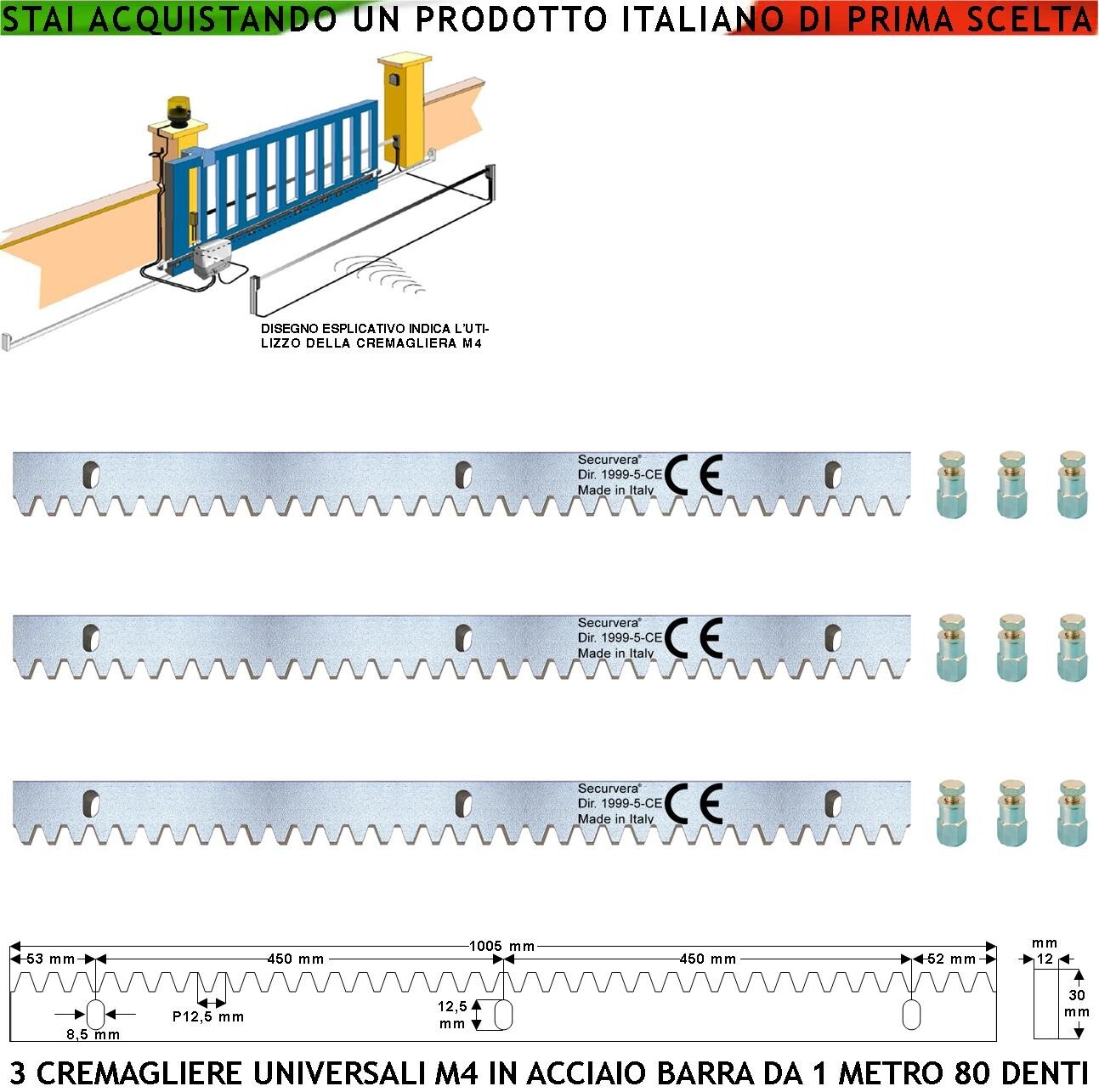 Kit Cremagliera M4 3 Metri Acciaio Zincato 30x12mm + 6 Bulloni