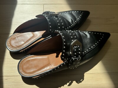 Givenchy Elegant Loafer Flat Mule Studs One Buckle Black Leather Size 38.5 