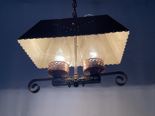 REWIRED Vtg Pendant Light Country Lodge Cabin Toleware Copper Lantern 1940 50 60 - Picture 24 of 24