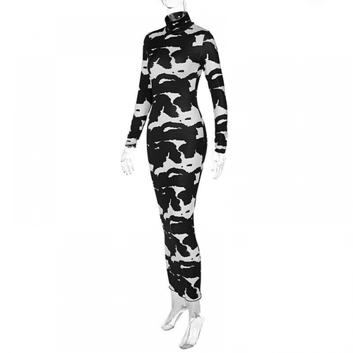 Mode Damen hochgeschlossen Langarm Batik Print Bodycon Midikleid Club - Bild 4 von 6