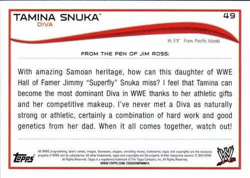2014 Topps WWE Base Wrestling Card #49 Tamina Snuka - Imagen 2 de 2