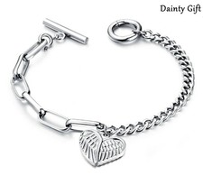 Women Girl Titanium Stainless Steel Heart Love Wing Mixed Chain Bracelet 6.5"
