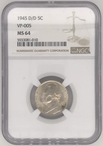 1945 D/D VP-005 5C Jefferson Nickel NGC MS64
