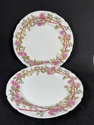 Antique Demartine Avenir Limoges 8 1/2  Salad Side Plates HP pink roses Set Of 2