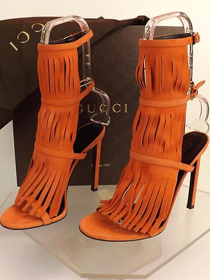NIB GUCCI DARK ORANGE SUEDE FRINGE BECKY GLADIATOR HEEL TALL