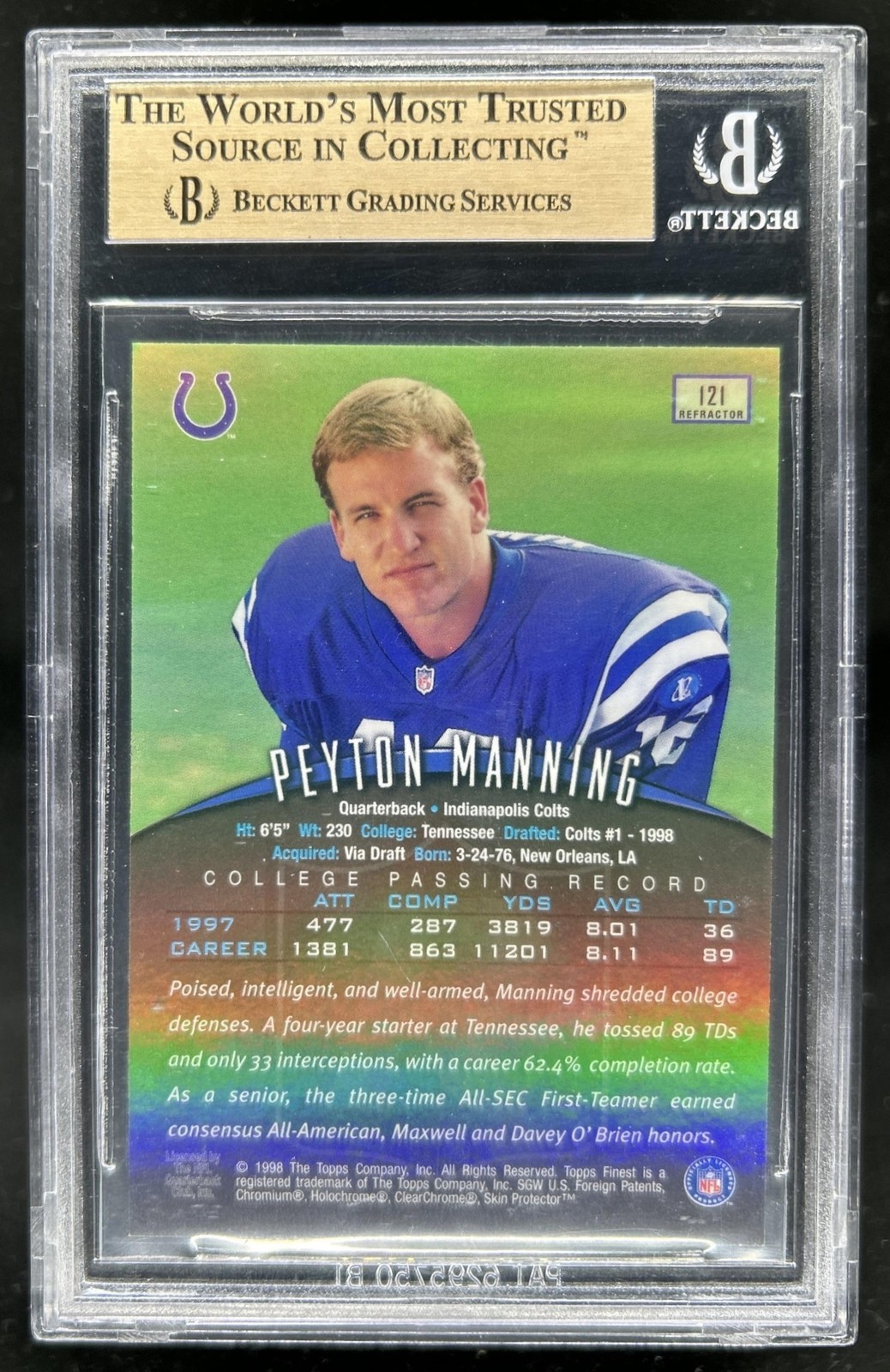 1998 Topps Finest Peyton Manning Refractor Rookie RC #121 Colts BGS 9.5 view 2