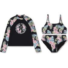 Hurley Girls 12 Black Tropical Rash Guard Bikini 3-Piece Swimsuit Beach OS37-20