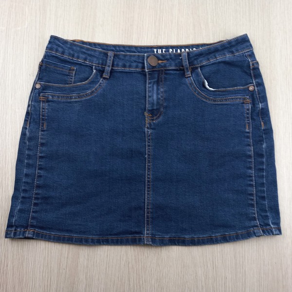The Classic Denim Mini Skirt Women's Size 12 Stretch Short Raw Blue