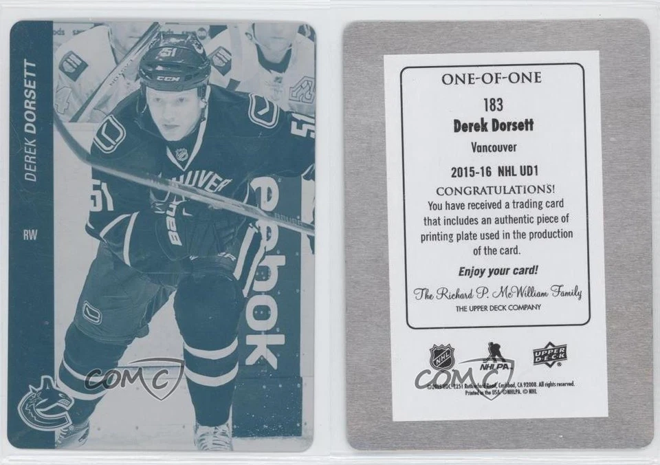 2015-16 Upper Deck Printing Plate Cyan 1/1 Derek Dorsett #183 0c3 - Image 3 of 3