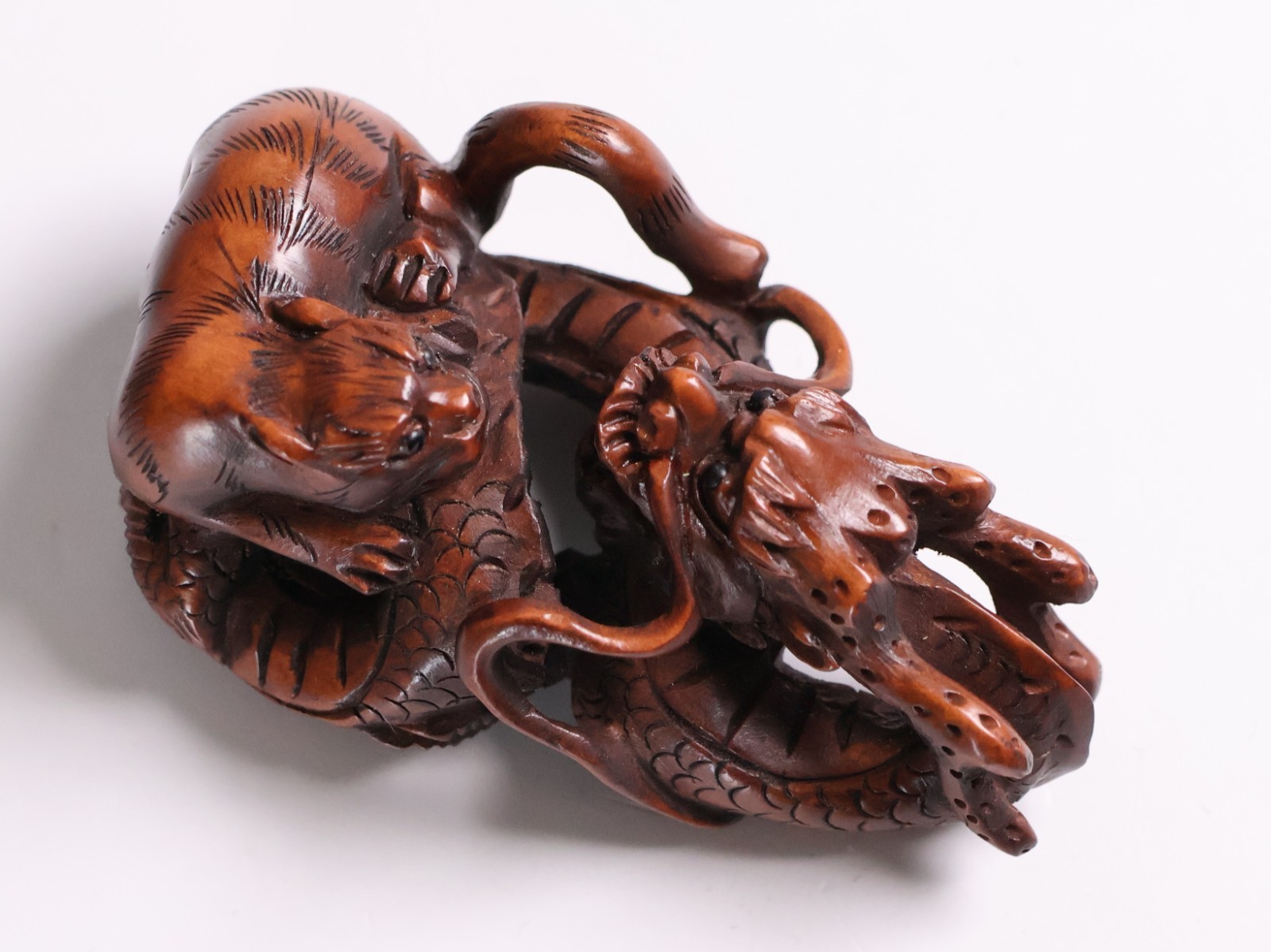 Japanese Wood Carving Dragon&Tiger Netsuke 2.24inch Ojime Figurine By Yamaguchi