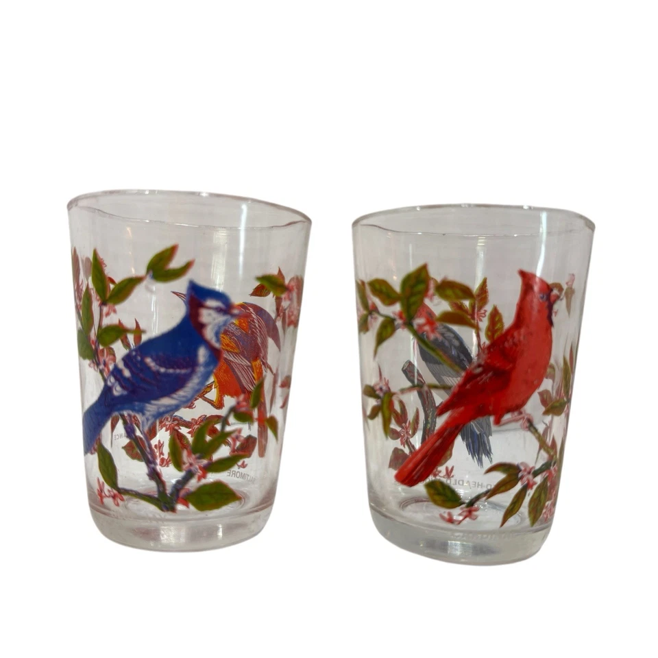 Винтажный набор из 2 стеклянных стаканов Arcoroc дятел кардинал синяя сойка иволга - Изображение 2 из 4