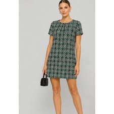 J.Crew 100% Silk Geometric Medallion V-Back Shift Dress Green Navy 4