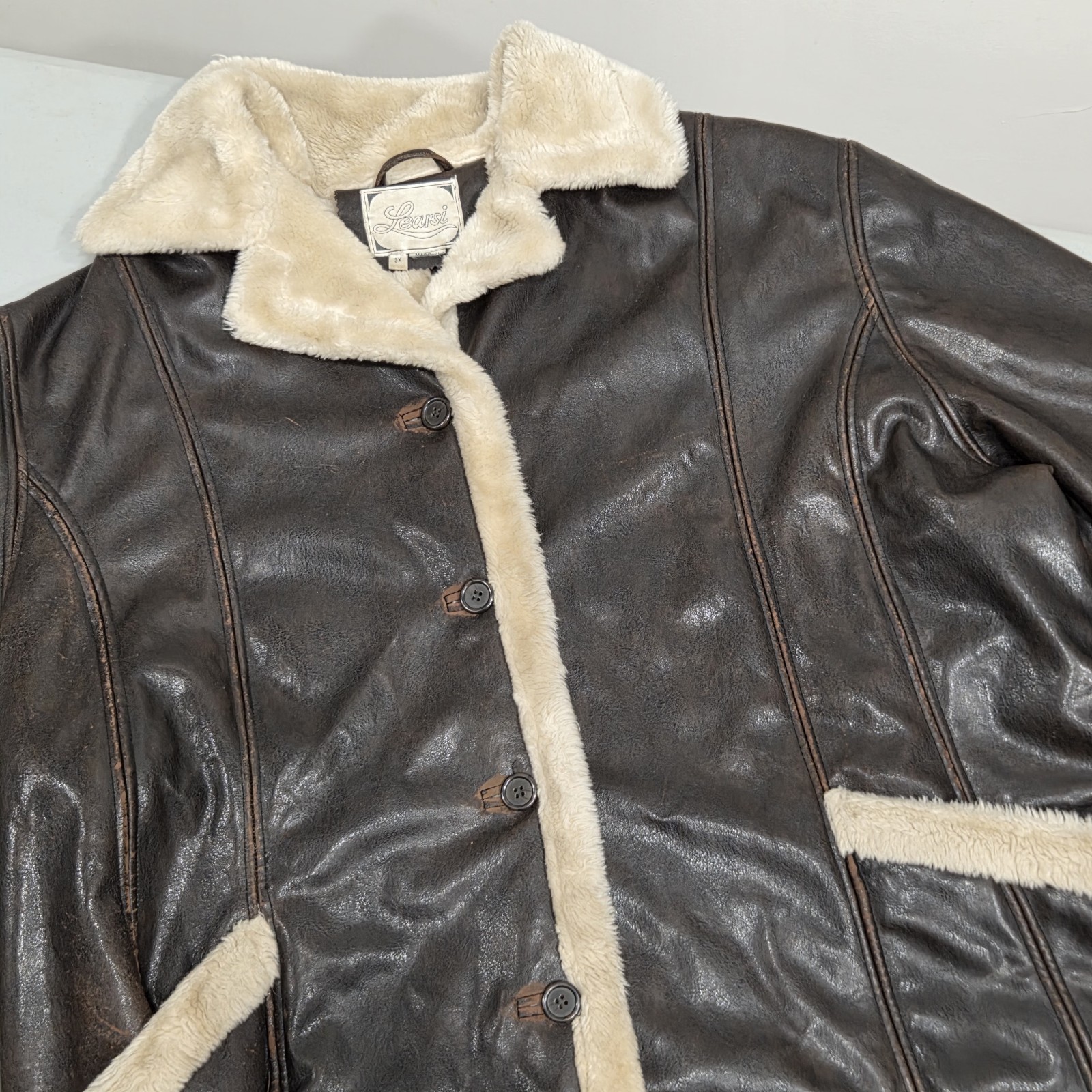 Learsi Men’s 3X Faux Leather Sherpa Lined Brown Jacket Aviator Shearling Coat