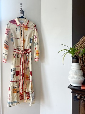   Never Fully Dressed Linen Graphic Shirt Dress Belted Long Sleeve Midi   4