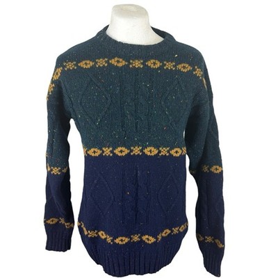 Eddie Bauer Pullover Vintage Small Blau Grün 100% Wolle Retro Pulli S