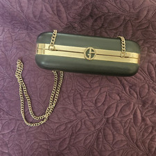 Giorgio Armani Black Leather Hardcase Clutch Gold Chain Strap Red Lining