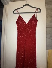 Red Rhinestone Strappy Sleeveless V-Neck Long Polka Dot Maxi Dress