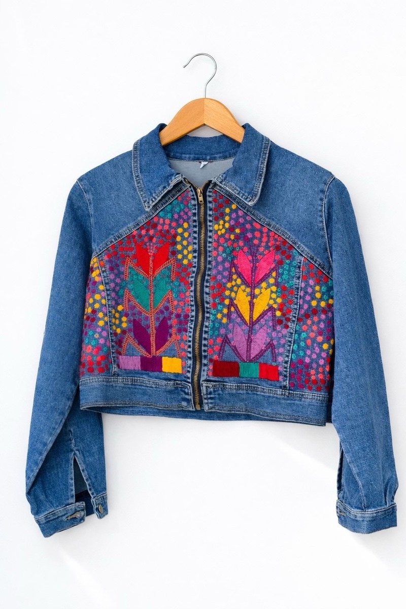 100% hand stitched Colorful Denim Jacket Zip Front Floral Nature