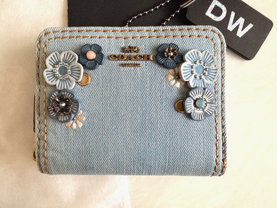 COACH LIGHT BLUE DENIM TEA ROSE SMALL ZIP-AROUND WALLET 66606 | eBay