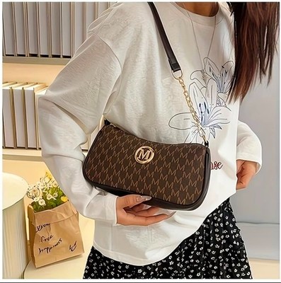 Kleine Schultertasche Damen mit Monogramm Print Goldkette Achseltasche Retro