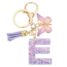 Initial Letter Keychains, Resin Cute Pendant with Butterfly Tassel, Purple-E