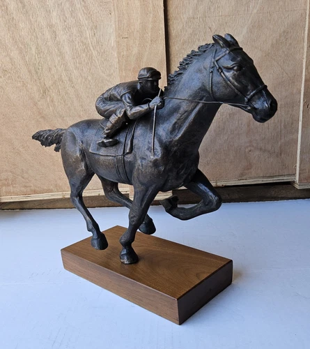 Antique Austin Sanfilippo Bronze Sculpture Race Horse Jockey Statue Wooden Base - Picture 7 of 14