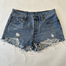 Levi s 501 Denim Jean Shorts Women s Size 30 Button Fly Blue Distressed
