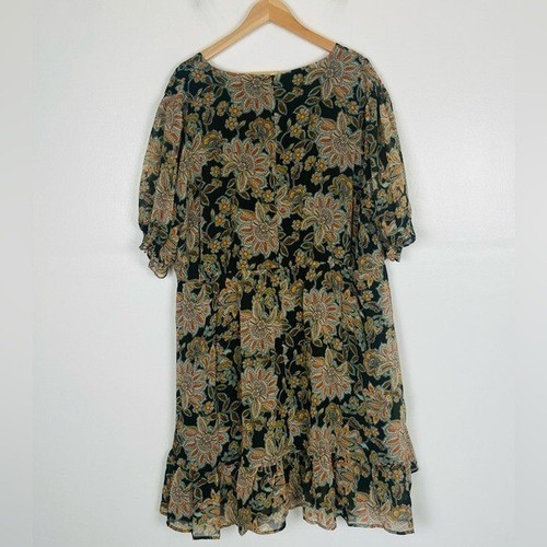 Estelle Floral Chiffon Faux Wrap Mini Dress Size 3X Green Boho V-Neck Ruffle NWT - Picture 4 of 14