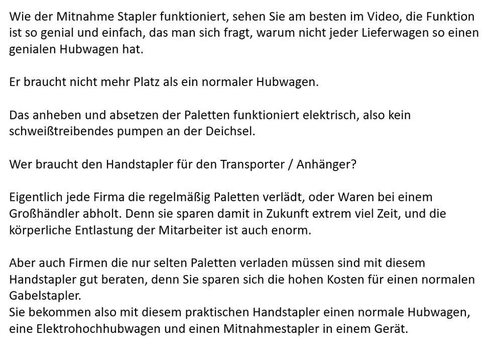 Selbstverlader Mitnahme Stapler Hochhubwagen Elektrisch Gabelstapler Mini 1000Kg - Bild 4 von 4