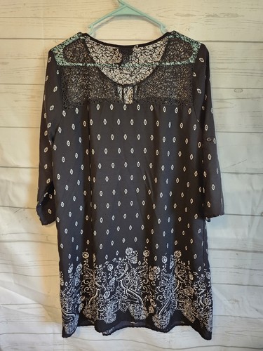 Rue 21 Ladies Size XL 3/4 Roll Sleeve Midi Dress Lace Neck Tassel Floral - Picture 7 of 14