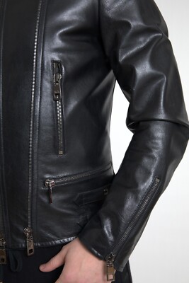 DOLCE & GABBANA Jacket Black Leather Zipper Coat Men IT48/US38/M