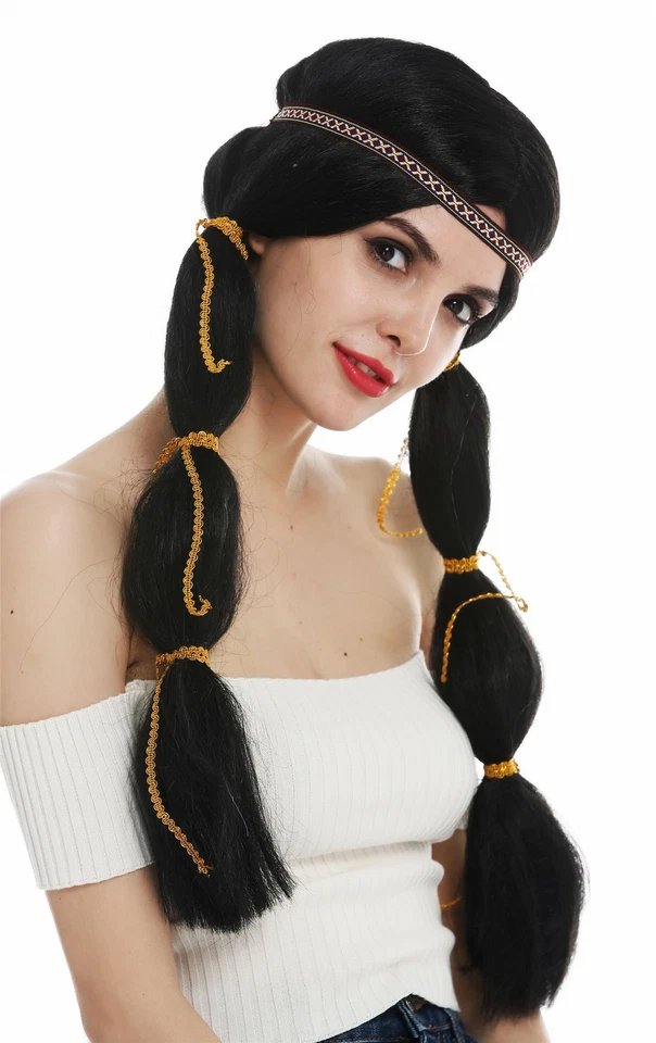 Perücke Damen Karneval lang Indianerin Indianer-Frau Zöpfe schwarz Stirnband - Bild 1 von 4