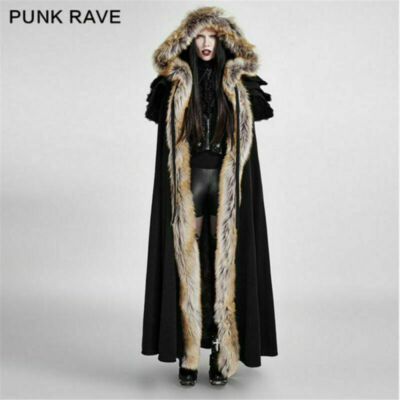 New Punk Rave Women Gothic Black Fux Fur Steampunk VTG Regency Cloak Coat Jacket