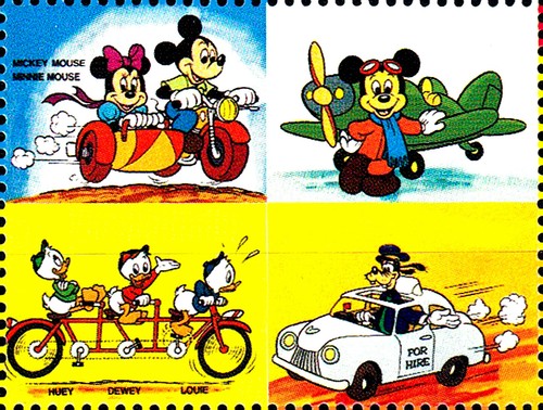 Benin MNH Disney Zeichentrick Motorrad Beiwagen Auto Flugzeug Fahrrad Tandem /63 - 第 1/1 張圖片