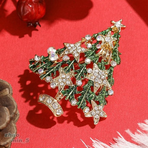 Gold Tone Christmas Tree Brooch Pin Crystal Rhinestone Brooches Party Gift Lapel - Picture 3 of 6