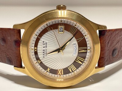 RETRO LUXURY SWISS GOLD PLATED MEN'S QUARTZ WATCH ''HAAS & CIE''/TWO TONE DIAL