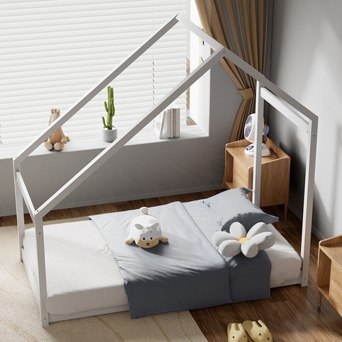 Kids Single House Bed Frame Children Toddler Pine Wooden Bed Floor Style Bedroom - Picture 11 of 12